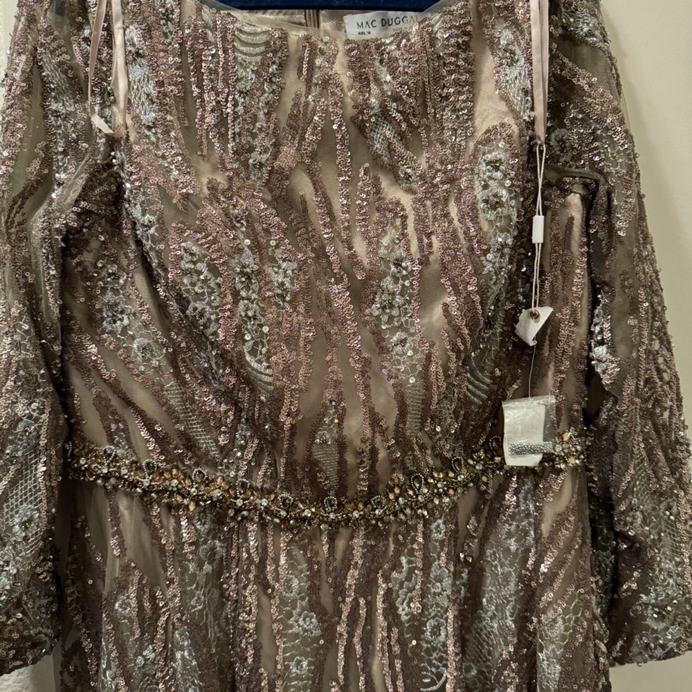 Mac Duggal Dress 79261 Mocha Sequin Long Sleeve Bateau A-Line Size 14 $798 - Picture 9 of 11